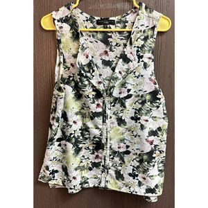 Sanctuary Clothing L Green Floral Sleeveless Tank Top V Neck Multicolor Slits